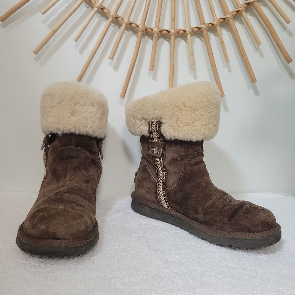 Women’s UGG Metro Tas Slip On Brown Suede Leather Ankle Boots Side Design